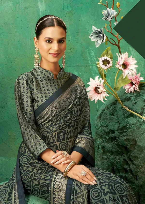 Dark_Green_Color_Exclusive_Brasso_Fabric_With_Striking_Adorned_With_Intricate_Geometric_Patterns_&_AGrand_Gold-Toned_Border_For_Festive_Occasions_&_Sophisticated_Evenings.