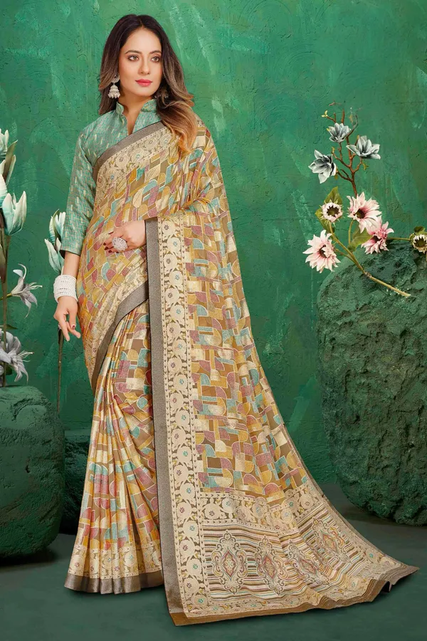 Beige_Multicolor_Exclusive_Brasso_Fabric_With_Designed_With_Featuring_An_Artistic_Geometric_Print_&_An_Intricate_Floral_Border_Ideal_For_Festive_Gatherings,_Weddings,_Or_Elegant_Daytime_Events.