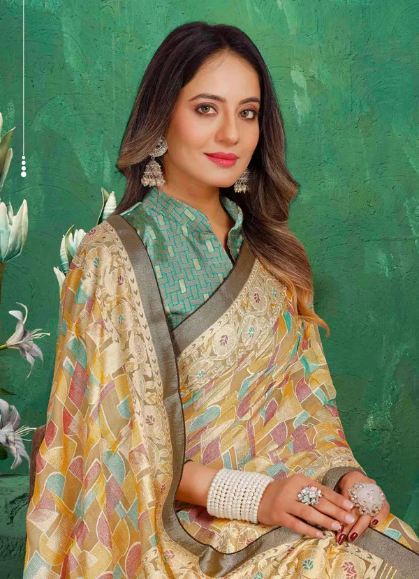 Beige_Multicolor_Exclusive_Brasso_Fabric_With_Designed_With_Featuring_An_Artistic_Geometric_Print_&_An_Intricate_Floral_Border_Ideal_For_Festive_Gatherings,_Weddings,_Or_Elegant_Daytime_Events.