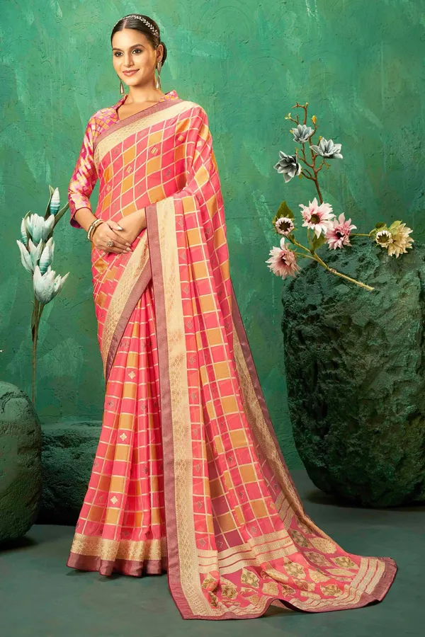 Pink_&_Golden_Exclusive_Brasso_Fabric_With_Striking_Checkered_Pattern_With_Contrast_Border_For_Luxurious_Finishing_Touches_.