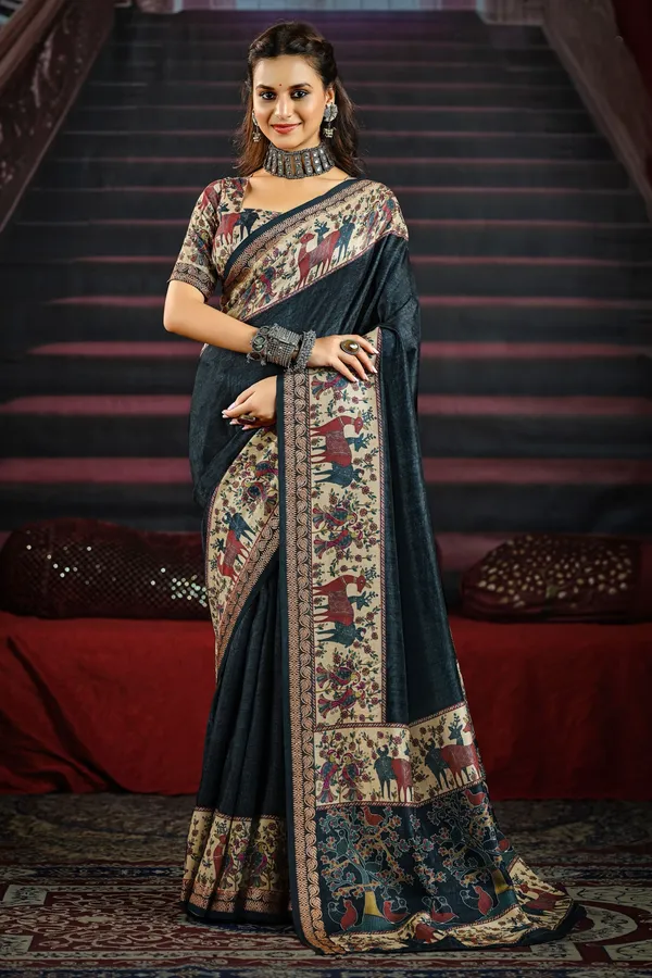 Black_Elegant_Saree_With_Traditional_Animal_&_Floral_Motifs,_Featuring_Richly_Detailed_Pallu_&_Border,_Perfect_For_Festive_&_Ethnic_Occasions