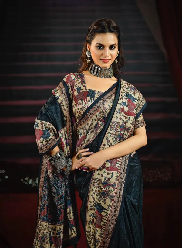 Black_Elegant_Saree_With_Traditional_Animal_&_Floral_Motifs,_Featuring_Richly_Detailed_Pallu_&_Border,_Perfect_For_Festive_&_Ethnic_Occasions