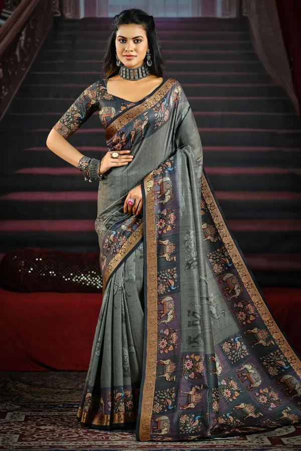 Grey_Graceful_Saree_With_Elegant_Animal_&_Floral_Motifs,_Highlighted_By_Richly_Detailed_Pallu_&_Border,_Perfect_For_Festive_&_Traditional_Occasions