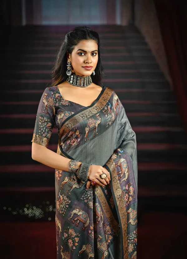 Grey_Graceful_Saree_With_Elegant_Animal_&_Floral_Motifs,_Highlighted_By_Richly_Detailed_Pallu_&_Border,_Perfect_For_Festive_&_Traditional_Occasions