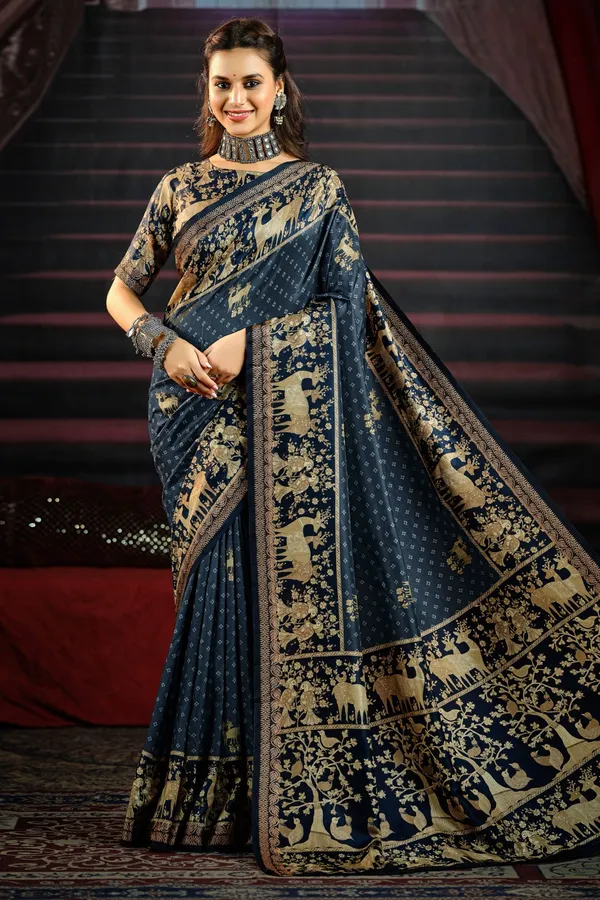 Navy_Blue_Stunning_Saree_With_Rich_Gold_Animal_&_Tree_Motifs,_Featuring_An_Intricate_Designer_Border,_Perfect_For_Traditional_&_Festive_Occasions