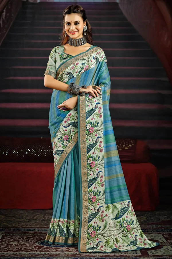 Teal_Beautiful_Saree_With_Vibrant_Peacock_&_Floral_Motifs,_Featuring_An_Artistic_Pallu_&_Border,_Perfect_For_Festive_&_Party_Occasions