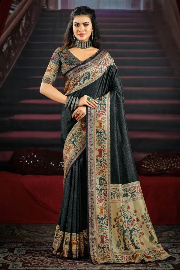 Black_Elegant_Saree_With_Artistic_Animal_&_Tree_Motifs,_Featuring_A_Beautifully_Detailed_Border_&_Pallu,_Perfect_For_Festive_&_Ethnic_Occasions.