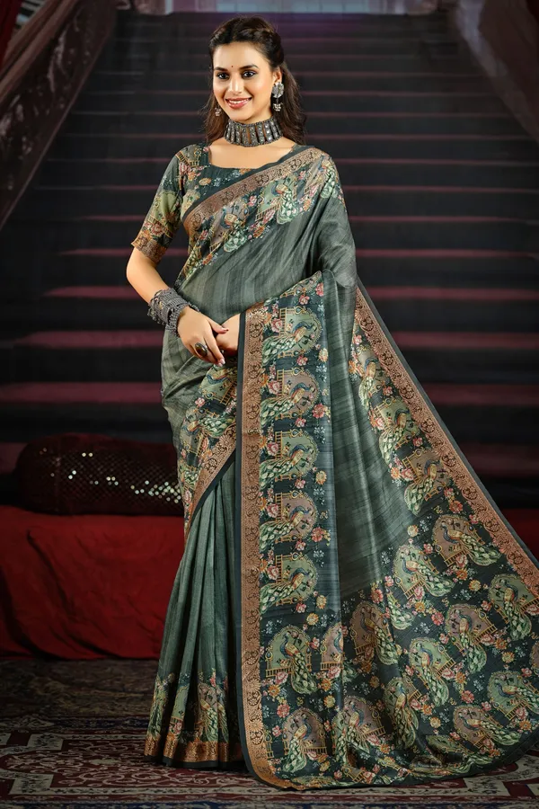 Grey_Teal_Elegant_Saree_With_Exquisite_Peacock_&_Floral_Motifs,_Featuring_An_Ornate_Border_&_Pallu,_Ideal_For_Festive_&_Traditional_Celebrations