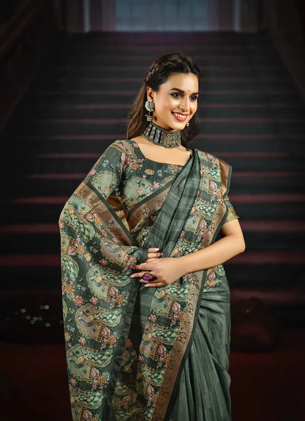 Grey_Teal_Elegant_Saree_With_Exquisite_Peacock_&_Floral_Motifs,_Featuring_An_Ornate_Border_&_Pallu,_Ideal_For_Festive_&_Traditional_Celebrations