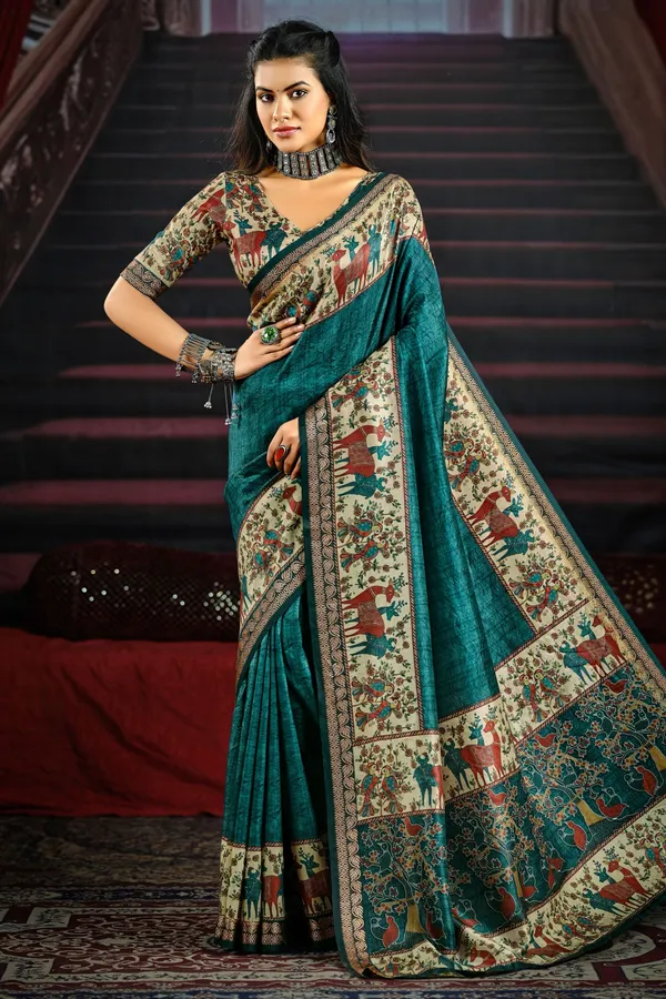 Teal_Blue_Vibrant_Saree_Featuring_Traditional_Animal_&_Floral_Motifs_With_A_Richly_Detailed_Pallu_&_Border,_Perfect_For_Festive_&_Elegant_Occasions