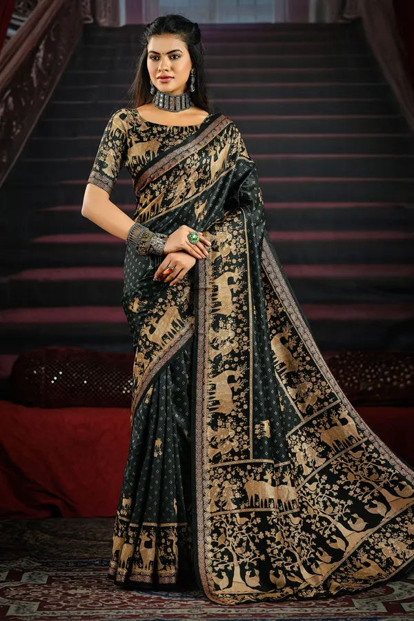 Stunning_Black_Saree_With_Rich_Gold_Animal_&_Tree_Motifs,_Featuring_An_Ornate_Border,_Perfect_For_Festive_&_Traditional_Occasions