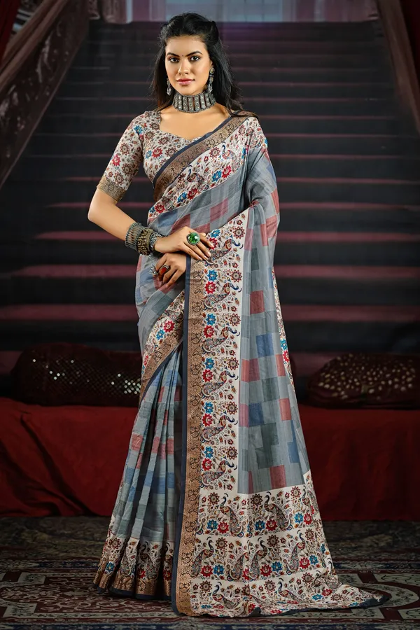 Grey_Timeless_Saree_With_Subtle_Multicolor_Checks,_Adorned_With_Floral_&_Paisley_Motif_Border,_Perfect_For_Festive_&_Party_Occasions