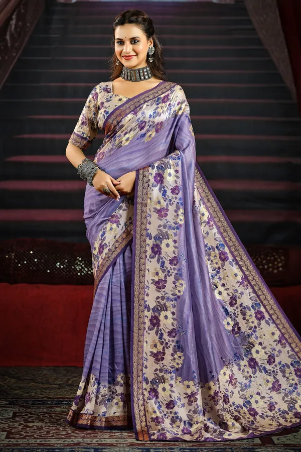 Lavender_Charming_Saree_With_Bold_Floral_Prints_&_A_Refined_Designer_Border,_Perfect_For_Festive_&_Special_Occasions.