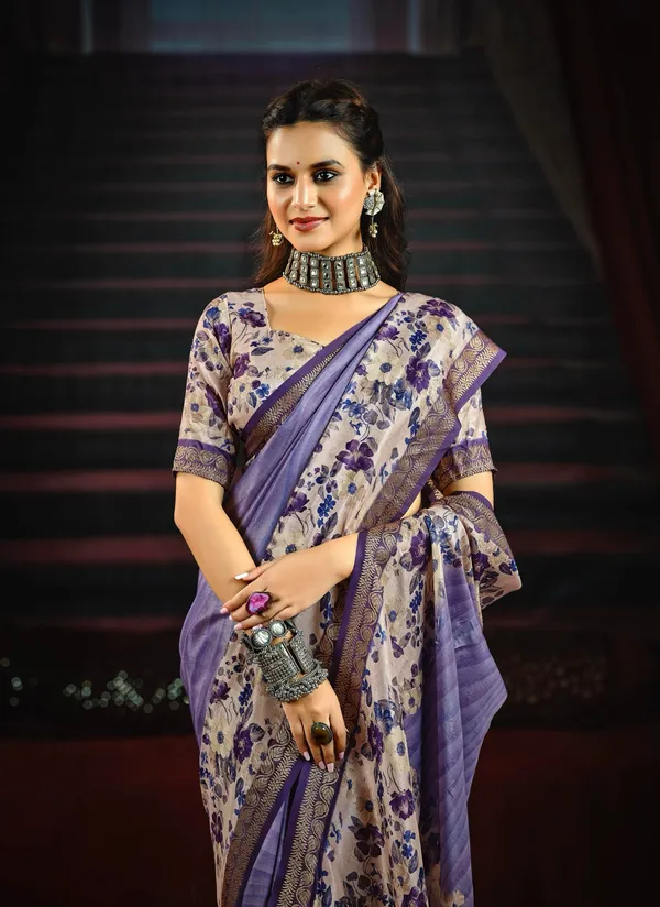 Lavender_Charming_Saree_With_Bold_Floral_Prints_&_A_Refined_Designer_Border,_Perfect_For_Festive_&_Special_Occasions.