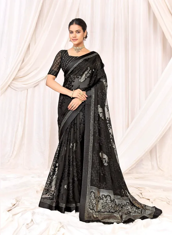 Black_Pure_Brasso_Fabric_With_Designed_With_Featuring_Silver_&_Gold_Foil_Touch_With_Rich_Traditional_Border_Ideal_For_Day_To_Evening_Events.