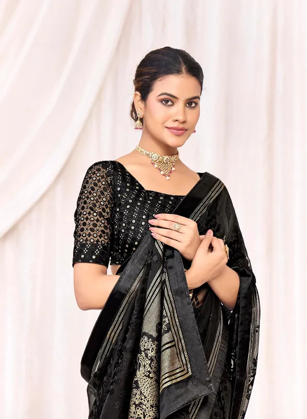 Black_Pure_Brasso_Fabric_With_Designed_With_Featuring_Silver_&_Gold_Foil_Touch_With_Rich_Traditional_Border_Ideal_For_Day_To_Evening_Events.
