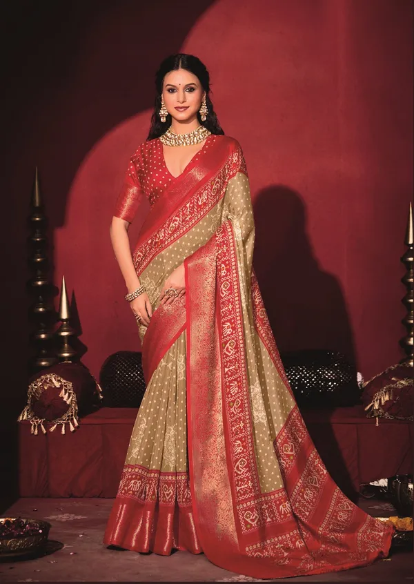 Dark_Beige_&_Red_Pure_Silk_Fabric_With_Dual_Color_Combination_Of_Exclusive_Bandhej_Print_With_Rich_Look_Jacquard_Border_Exclusive_Look_Saree