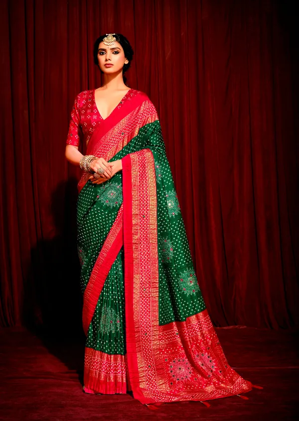 Dark_Green_&_Red_Combination_Pure_Crush_Patola_Silk_Designer_Look_Saree_With_Mirror_&_Zari_Work
