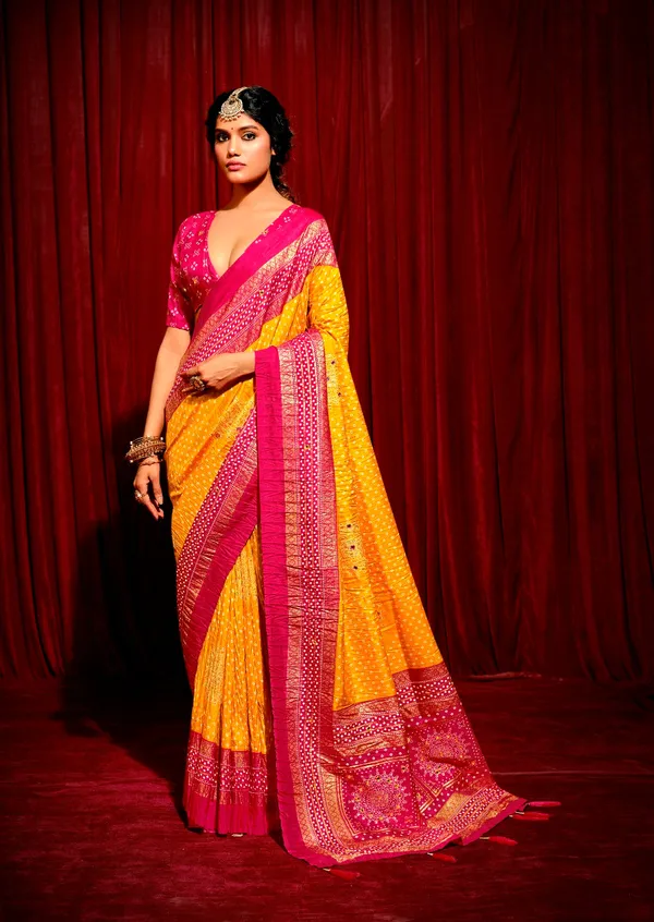 Mustard_&_Pink_Combination_Pure_Crush_Patola_Silk_Designer_Look_Saree_With_Mirror_&_Zari_Work
