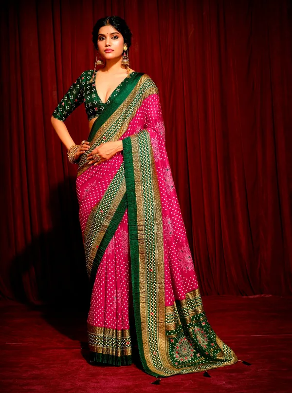 Magenta_With_Basil_Green_Combination_Pure_Crush_Patola_Silk_Designer_Look_Saree_With_Mirror_&_Zari_Work