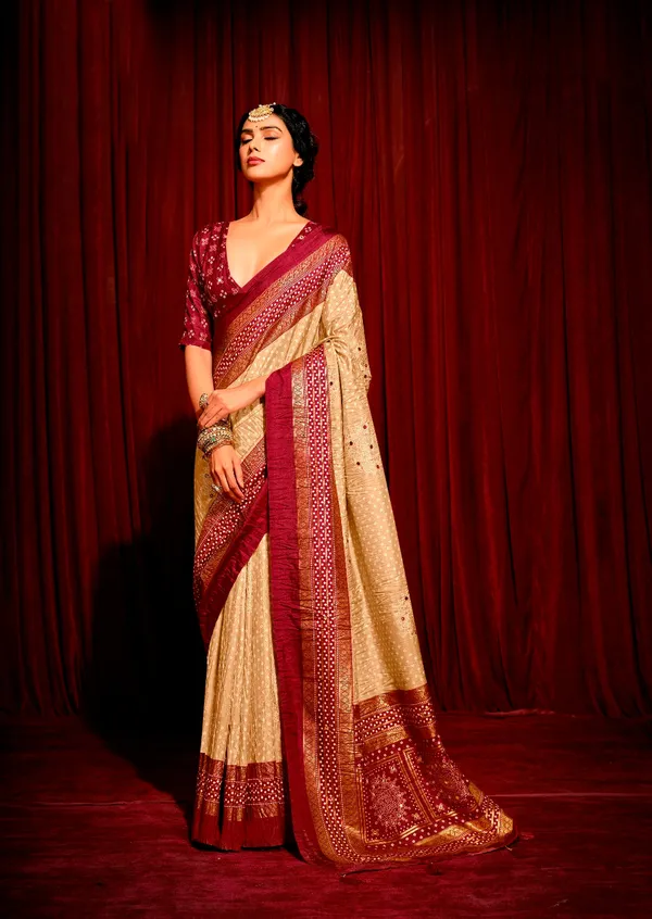 Light_Golden_With_Dark_Red_Combination_Pure_Crush_Patola_Silk_Designer_Look_Saree_With_Mirror_&_Zari_Work