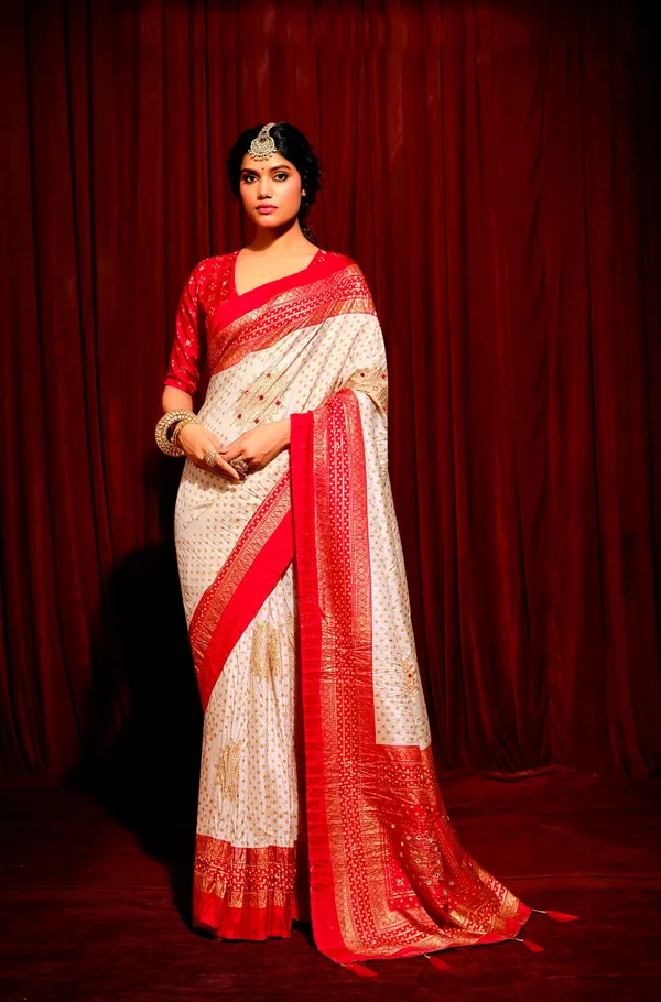 Creamy_White_With_Exclusive_Red_Combination_Pure_Crush_Patola_Silk_Designer_Look_Saree_With_Mirror_&_Zari_Work