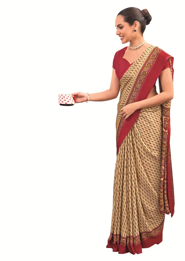Khaki_Yellow_With_Maroon_Border_Design_Women'S_Premium_Italian_Silk_Small_Butty