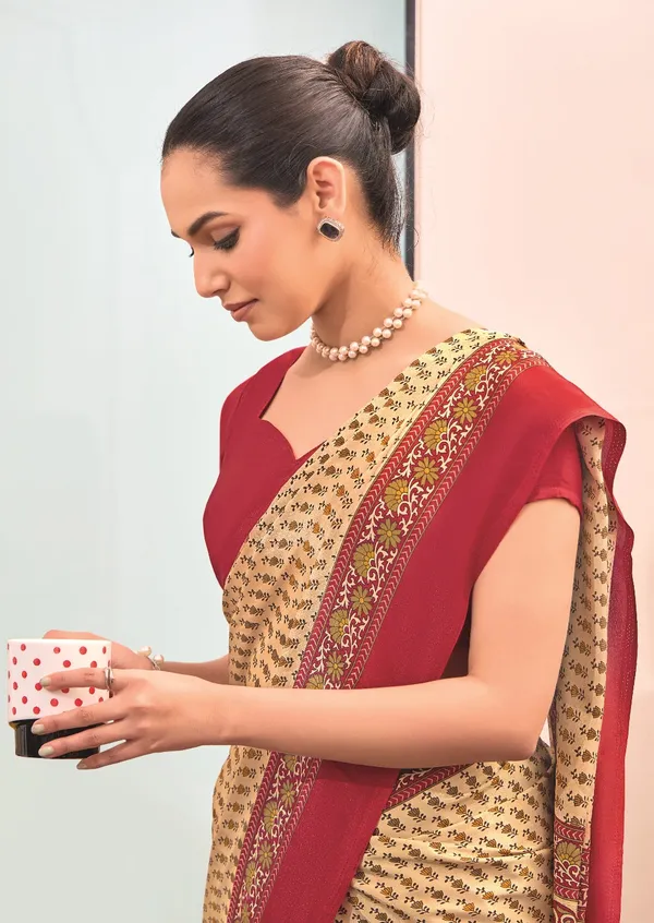 Khaki_Yellow_With_Maroon_Border_Design_Women'S_Premium_Italian_Silk_Small_Butty