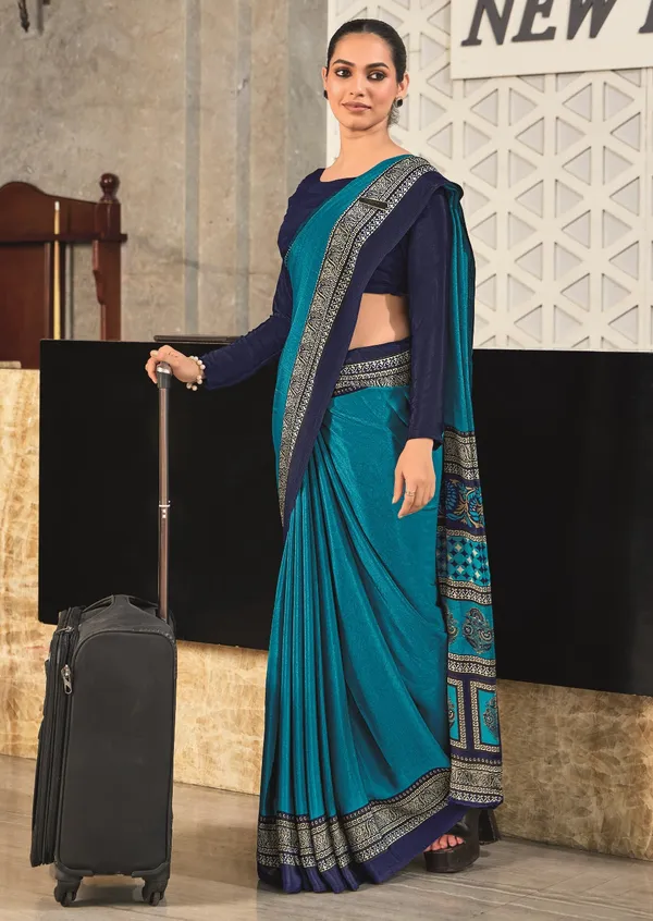 Teal_Blue_With_Navy_Blue_Border_Design_Women'S_Premium_Italian_Silk_Small_Butty