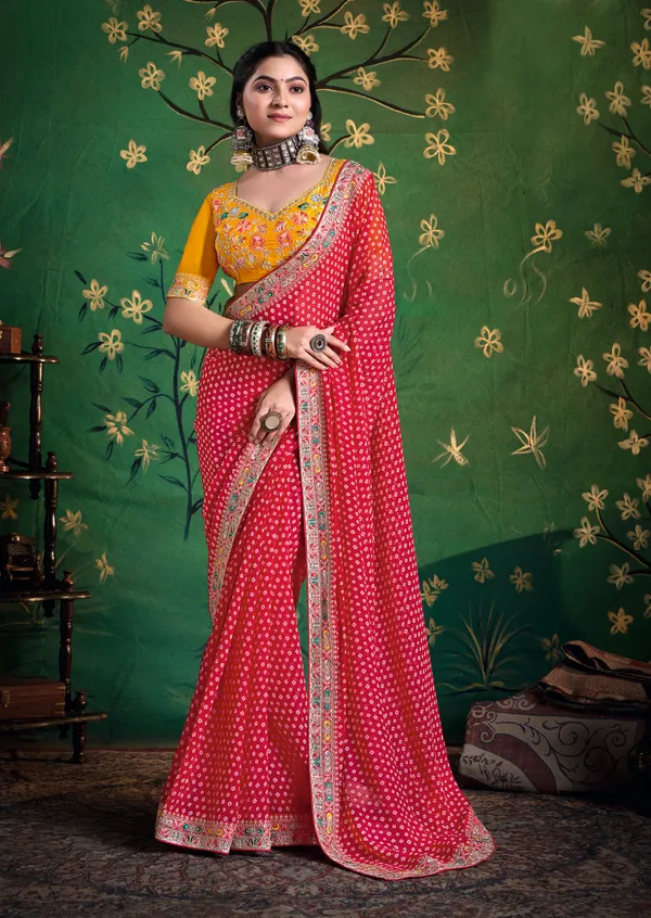 Deep_Pink_Pure_Bamber_Georgette_Bandhej_Saree_With_Combination_&_Handwork_Multicolored_Zardozi_Border_With_Heavy_Contrast_Embroidered_Blouse