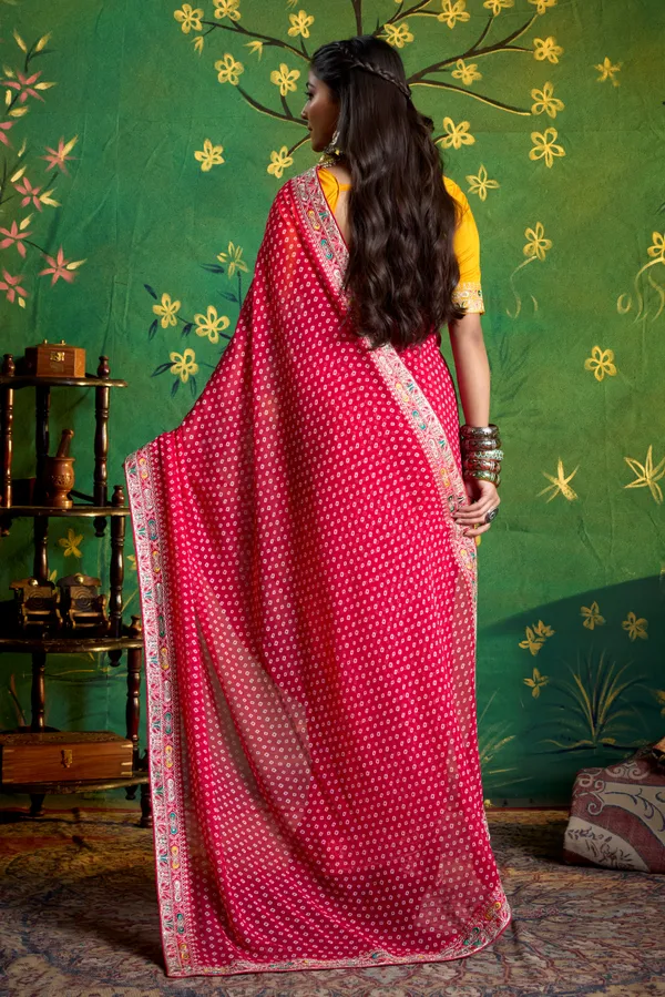 Deep_Pink_Pure_Bamber_Georgette_Bandhej_Saree_With_Combination_&_Handwork_Multicolored_Zardozi_Border_With_Heavy_Contrast_Embroidered_Blouse