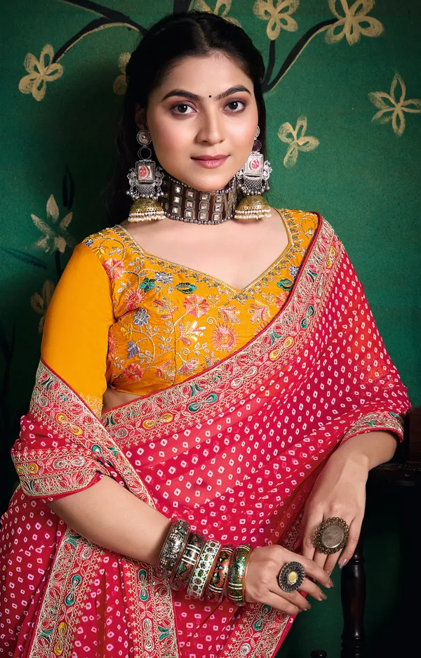 Deep_Pink_Pure_Bamber_Georgette_Bandhej_Saree_With_Combination_&_Handwork_Multicolored_Zardozi_Border_With_Heavy_Contrast_Embroidered_Blouse