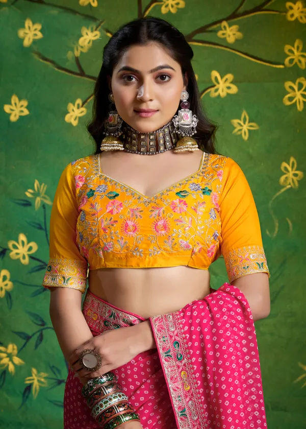 Deep_Pink_Pure_Bamber_Georgette_Bandhej_Saree_With_Combination_&_Handwork_Multicolored_Zardozi_Border_With_Heavy_Contrast_Embroidered_Blouse