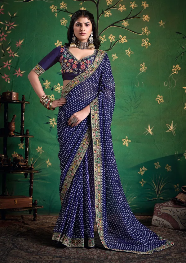 Deep_Purple_Pure_Bamber_Georgette_Bandhej_Saree_With_Combination_&_Handwork_Multicolored_Zardozi_Border_With_Heavy_Contrast_Embroidered_Blouse