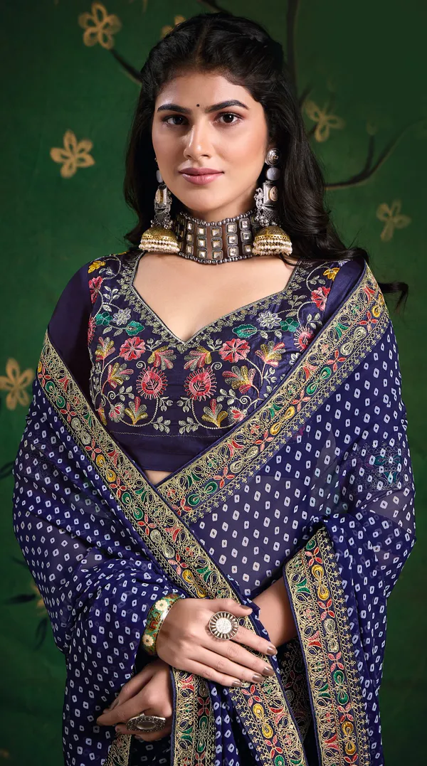 Deep_Purple_Pure_Bamber_Georgette_Bandhej_Saree_With_Combination_&_Handwork_Multicolored_Zardozi_Border_With_Heavy_Contrast_Embroidered_Blouse