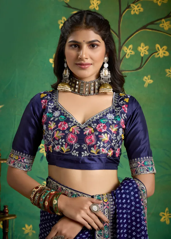 Deep_Purple_Pure_Bamber_Georgette_Bandhej_Saree_With_Combination_&_Handwork_Multicolored_Zardozi_Border_With_Heavy_Contrast_Embroidered_Blouse