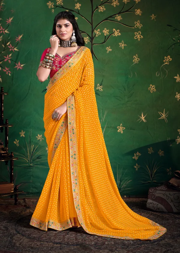 Bright_Yellow_Pure_Bamber_Georgette_Bandhej_Saree_With_With_Deep_Pink_Combination_&_Handwork_Multicolored_Zardozi_Border_With_Heavy_Contrast_Embroidered_Blouse