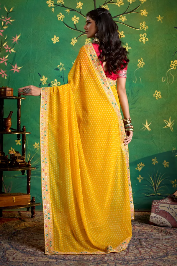 Bright_Yellow_Pure_Bamber_Georgette_Bandhej_Saree_With_With_Deep_Pink_Combination_&_Handwork_Multicolored_Zardozi_Border_With_Heavy_Contrast_Embroidered_Blouse
