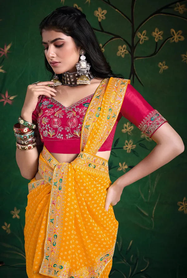 Bright_Yellow_Pure_Bamber_Georgette_Bandhej_Saree_With_With_Deep_Pink_Combination_&_Handwork_Multicolored_Zardozi_Border_With_Heavy_Contrast_Embroidered_Blouse