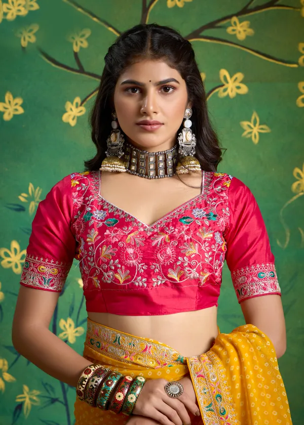 Bright_Yellow_Pure_Bamber_Georgette_Bandhej_Saree_With_With_Deep_Pink_Combination_&_Handwork_Multicolored_Zardozi_Border_With_Heavy_Contrast_Embroidered_Blouse