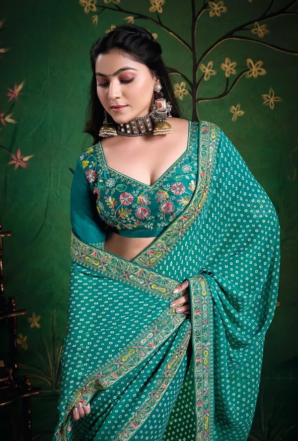 Deep_Sea_Green_Pure_Bamber_Georgette_Bandhej_Saree_With_Combination_&_Handwork_Multicolored_Zardozi_Border_With_Heavy_Contrast_Embroidered_Blouse