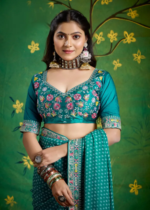 Deep_Sea_Green_Pure_Bamber_Georgette_Bandhej_Saree_With_Combination_&_Handwork_Multicolored_Zardozi_Border_With_Heavy_Contrast_Embroidered_Blouse