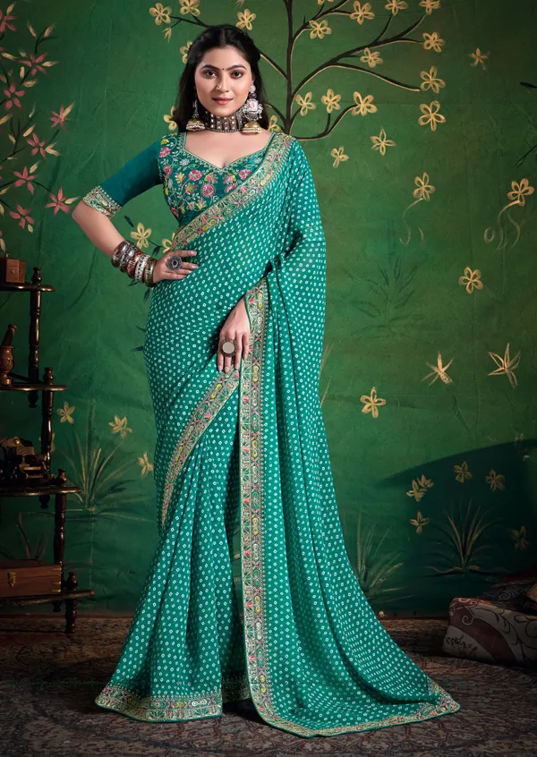 Deep_Sea_Green_Pure_Bamber_Georgette_Bandhej_Saree_With_Combination_&_Handwork_Multicolored_Zardozi_Border_With_Heavy_Contrast_Embroidered_Blouse