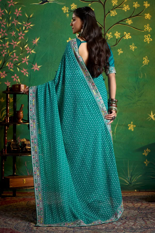 Deep_Sea_Green_Pure_Bamber_Georgette_Bandhej_Saree_With_Combination_&_Handwork_Multicolored_Zardozi_Border_With_Heavy_Contrast_Embroidered_Blouse