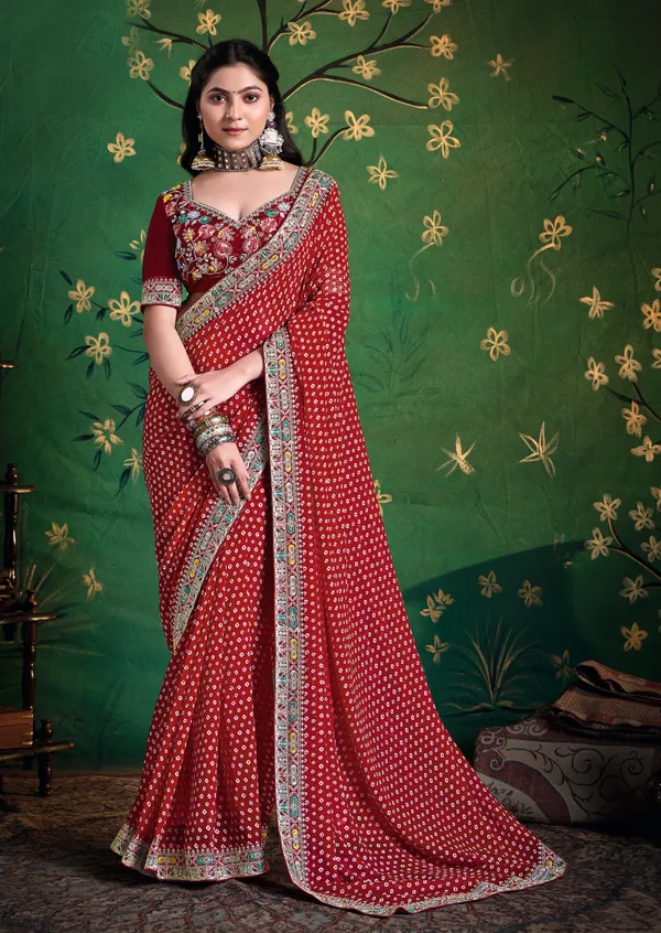 Blood_Red_Pure_Bamber_Georgette_Bandhej_Saree_With_Combination_&_Handwork_Multicolored_Zardozi_Border_With_Heavy_Contrast_Embroidered_Blouse