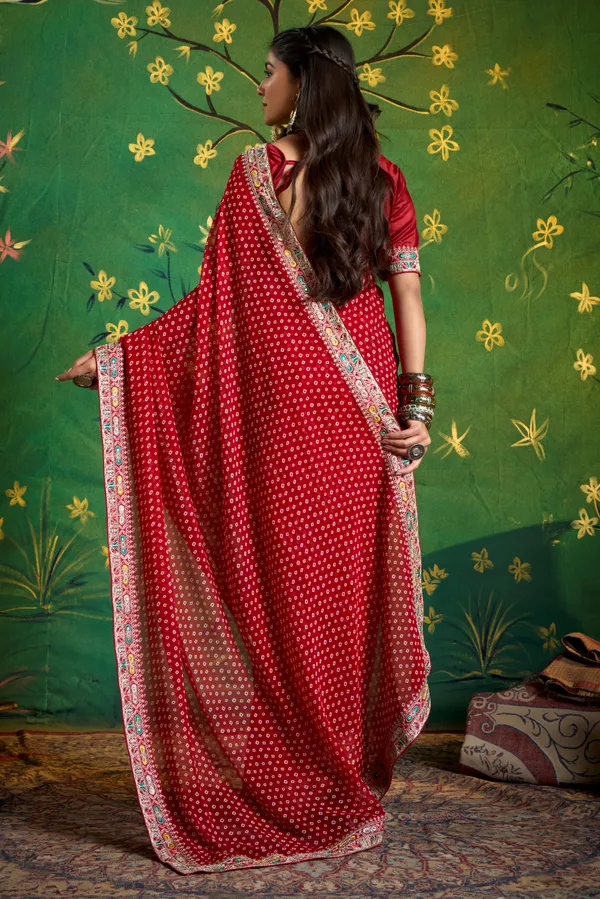 Blood_Red_Pure_Bamber_Georgette_Bandhej_Saree_With_Combination_&_Handwork_Multicolored_Zardozi_Border_With_Heavy_Contrast_Embroidered_Blouse