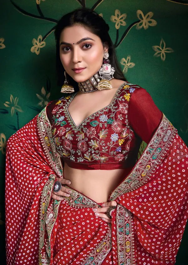 Blood_Red_Pure_Bamber_Georgette_Bandhej_Saree_With_Combination_&_Handwork_Multicolored_Zardozi_Border_With_Heavy_Contrast_Embroidered_Blouse