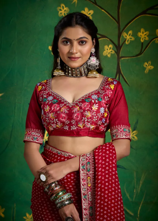 Blood_Red_Pure_Bamber_Georgette_Bandhej_Saree_With_Combination_&_Handwork_Multicolored_Zardozi_Border_With_Heavy_Contrast_Embroidered_Blouse