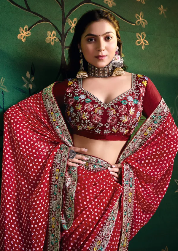 Blood_Red_Pure_Bamber_Georgette_Bandhej_Saree_With_Combination_&_Handwork_Multicolored_Zardozi_Border_With_Heavy_Contrast_Embroidered_Blouse