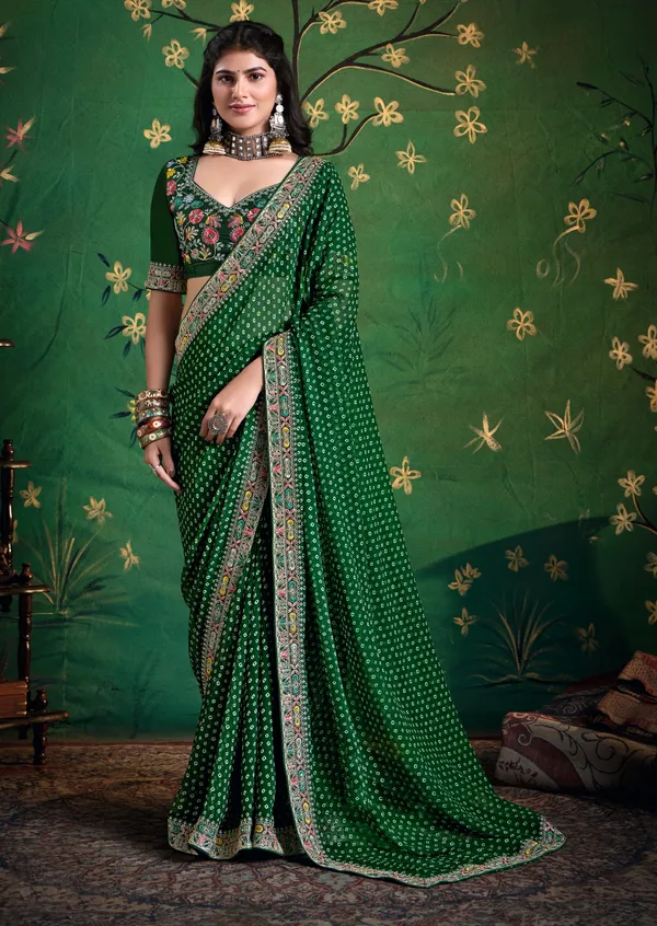 Bottle_Green_Pure_Bamber_Georgette_Bandhej_Saree_With_Combination_&_Handwork_Multicolored_Zardozi_Border_With_Heavy_Contrast_Embroidered_Blouse